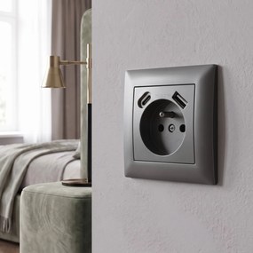 Единичен контакт със заземяване + USB-A USB-C OSTE JNH004-G Grey