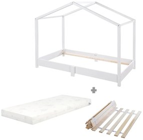 Бяло къща детско легло 70x140 cm от масивна дървесина с включен матрак/с включена подматрачна рамка – Roba
