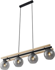 Smart hanglamp zwart met hout en smoke glas 4-lichts incl. Wifi A60 - Aleks