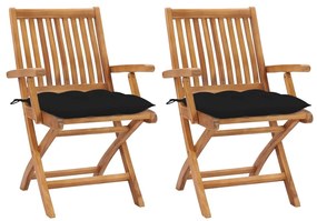 3062428 vidaXL Градински столове, 2 бр, черни възглавници, тиково дърво масив