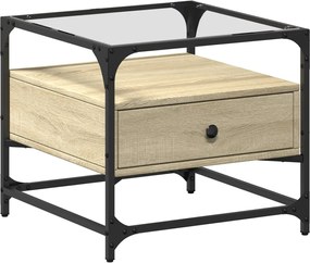 846050 vidaXL Маса за кафе със стъклен плот, сонома дъб, 50x50x45 см, стомана