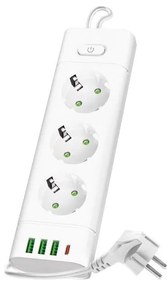Разклонител с ключ LINEA PRO 3x230V + 3xUSB-A + 1xUSB-C SCHUKO 3 m бял