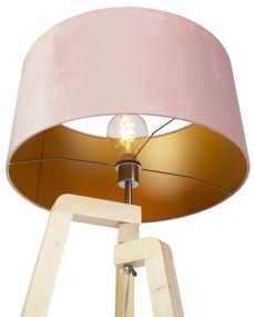 Подова лампа трипод дърво с розов кадифен абажур 50 см - Puros