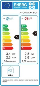 Мобилен климатик Ayco MAHC3428, 12000 BTU, Клас A, До 24 м2, 450 м3, 64 dB, Сензорно управление, Бял
