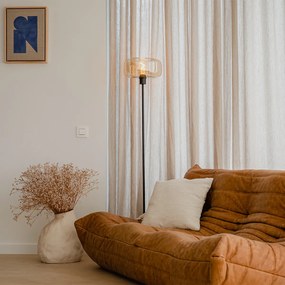 Подова лампа в стил Арт Деко черна с кехлибарено стъкло - Bizle