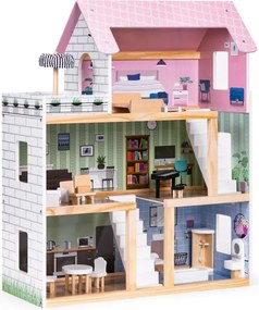 Многоетажна дървена къща за кукли с мебели