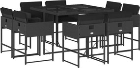 3211375 vidaXL Градински трапезен комплект възглавници 9 части черен полиратан