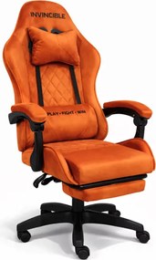 Оранжев геймърски стол с кадифена тапицерия и подвижна поставка за крака