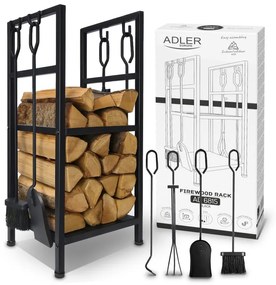 Стойка за дърва за огрев с инструменти Adler AD 6815, До 80 кг, Два рафта, Стоманена конструкция, Черен