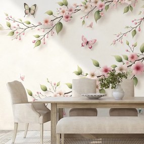 Фототапет – Нежни розови цветя и пеперуди