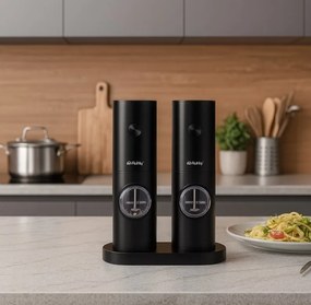 Комплект електрически мелници за сол и пипер RUHHY, LED светлина, черни, регулируема дебелина