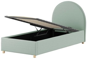 Зелено тапицирано единично легло с място за съхранение с включена подматрачна рамка 90x200 cm Moon – Vipack