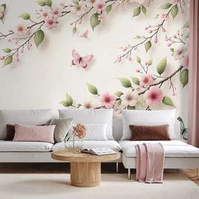 Фототапет – Нежни розови цветя и пеперуди