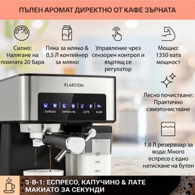 Klarstein Arabica Comfort, кафемашина с портафилтър, 1350W, 20 бара, 1,8 литра, тъч панел