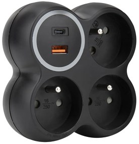 Solight P106CB-PD20 - Разклонител с 3 контакта 15 A и USB A + USB-C, черен