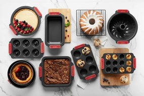 Форма за мъфини Lekue 1009478, За 6 бр, 31x18x3.7 см, Керамично незалепващо покритие, Карбонова стомана, От +4°C до +240°C, Черен/Червен