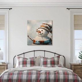 Картина на платно Коледна – Снежен човек и приятел врабче