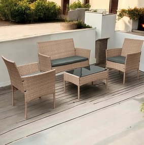 Елегантен ратанов градински комплект с маса с черно стъкло