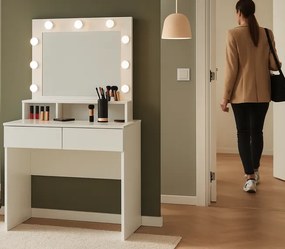 Бяла тоалетка с LED огледало, чекмеджета и отделения