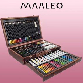 Арт комплект за рисуване Maaleo — 130 елемента в луксозен дървен куфар