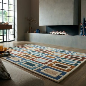 Ръчно изработен вълнен килим в син и оранжев цвят 120x170 cm Retro Blocks – Flair Rugs