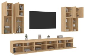3216780 vidaXL Комплект ТВ стенни шкафове, 7 части, с LED светлини, сонома дъб