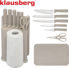 Комплект ножове Klausberg KB 7978, 8 части, Неръждаема стомана, Стойка, Държач за кухненска хартия, Бежов