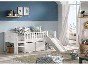 Бяло повдигнато детско легло от масивен бор с място за съхранение и включена подматрачна рамка 90x200 cm Scott – Vipack