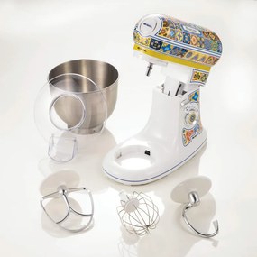 Планетарен миксер Ariete Positano 1588/0P, 2400W, 5.5 л, 7 скорости, Пулс, Ретро дизайн, Аксесоари, Бял/Жълт