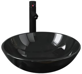 3098450 vidaXL Мивка за баня с кран и сифон, черно закалено стъкло