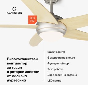Klarstein Bolero 2 в 1 Smart, вентилатор за таван, Ø 132 cm, светлина 55 W, дистанционно управление, управление чрез приложение, двупосочно управление