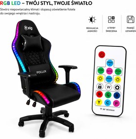 LED геймърски стол с RGB подсветка, възглавници и регулируеми подлакътници