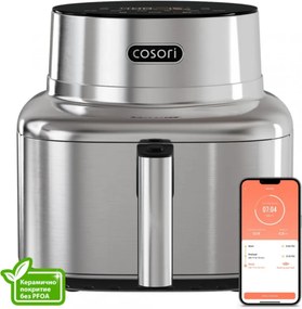 Фритюрник с горещ въздух Cosori Iconic CAF-SE601S, 1725W, 6.2 л, 30-230°C, 6 програми, Таймер, Керамично покритие, Инокс/черен