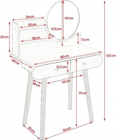Бяла скандинавска тоалетка с огледало 80x40x120 cm - 2 чекмеджета