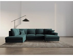 Кадифен разтегателен ъглов диван с място за съхранение в петролен цвят (ляв ъгъл/U форма) Kyoto – Cosmopolitan Design