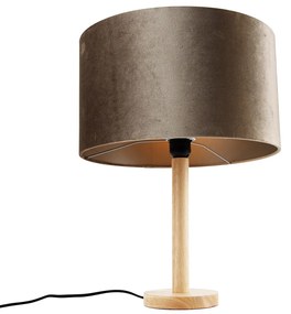Настолна лампа дърво с кадифен абажур Taupe 35 см - Mels