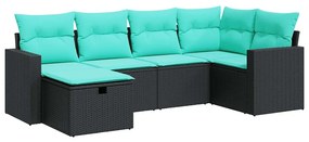 3325383 vidaXL Градински диван с възглавници, 6 части, черен, полиратан