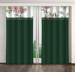 Елегантна тъмнозелена завеса с принт на розови божури Ширина: 160 см | Дължина: 270 см