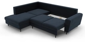 Тъмносин кадифен разтегателен ъглов диван с място за съхранение (ляв ъгъл/L форма) Kyoto – Cosmopolitan Design
