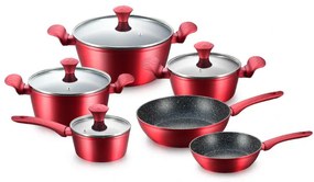 Комплект тенджери и тигани Royalty Line FD10, 10 части, Лят алуминий, Greblon мраморно покритие, Индукция, Червен