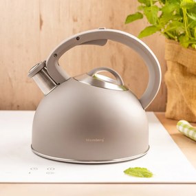 Свирещ чайник Klausberg KB 7912, 2.5 л, Дръжка с дървесен ефект, Индукция, Светлосив