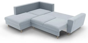 Светлосин кадифен разтегателен ъглов диван с място за съхранение (ляв ъгъл/L форма) Kyoto – Cosmopolitan Design