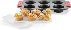 Форма за мъфини Lekue 1009478, За 6 бр, 31x18x3.7 см, Керамично незалепващо покритие, Карбонова стомана, От +4°C до +240°C, Черен/Червен