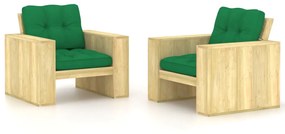 3065794 vidaXL Градински столове, 2 бр, зелени възглавници, импрегниран бор