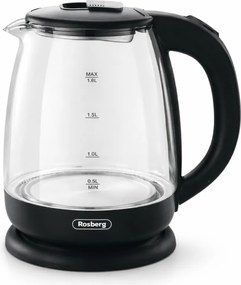 Електрическа кана за вода Rosberg R51230AE, 1500W, 1.8 л, Вграден нагревател, Стъкло, Индикатор, Черен