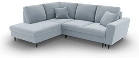 Светлосин кадифен разтегателен ъглов диван с място за съхранение (ляв ъгъл/L форма) Kyoto – Cosmopolitan Design