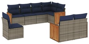 3260248 vidaXL Градински диван с възглавници, 8 части, полиратан, сив