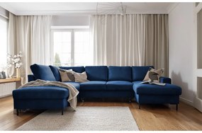 Тъмносин разтегателен ъглов диван от рипсено кадифе (ляв ъгъл) Lofty Lilly – Miuform