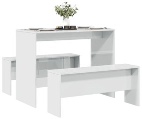 855534 vidaXL Трапезна маса и пейки, 3 части, бял гланц, инженерно дърво