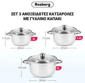 Комплект тенджери Rosberg R51210O6, 6 части, 3-5 L, Стъклен капак, Инокс